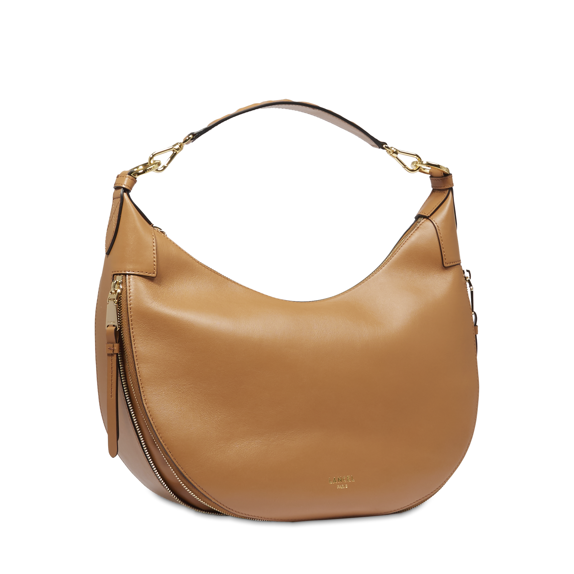 Sac hobo zippé Origami M en cuir lisse - Camel