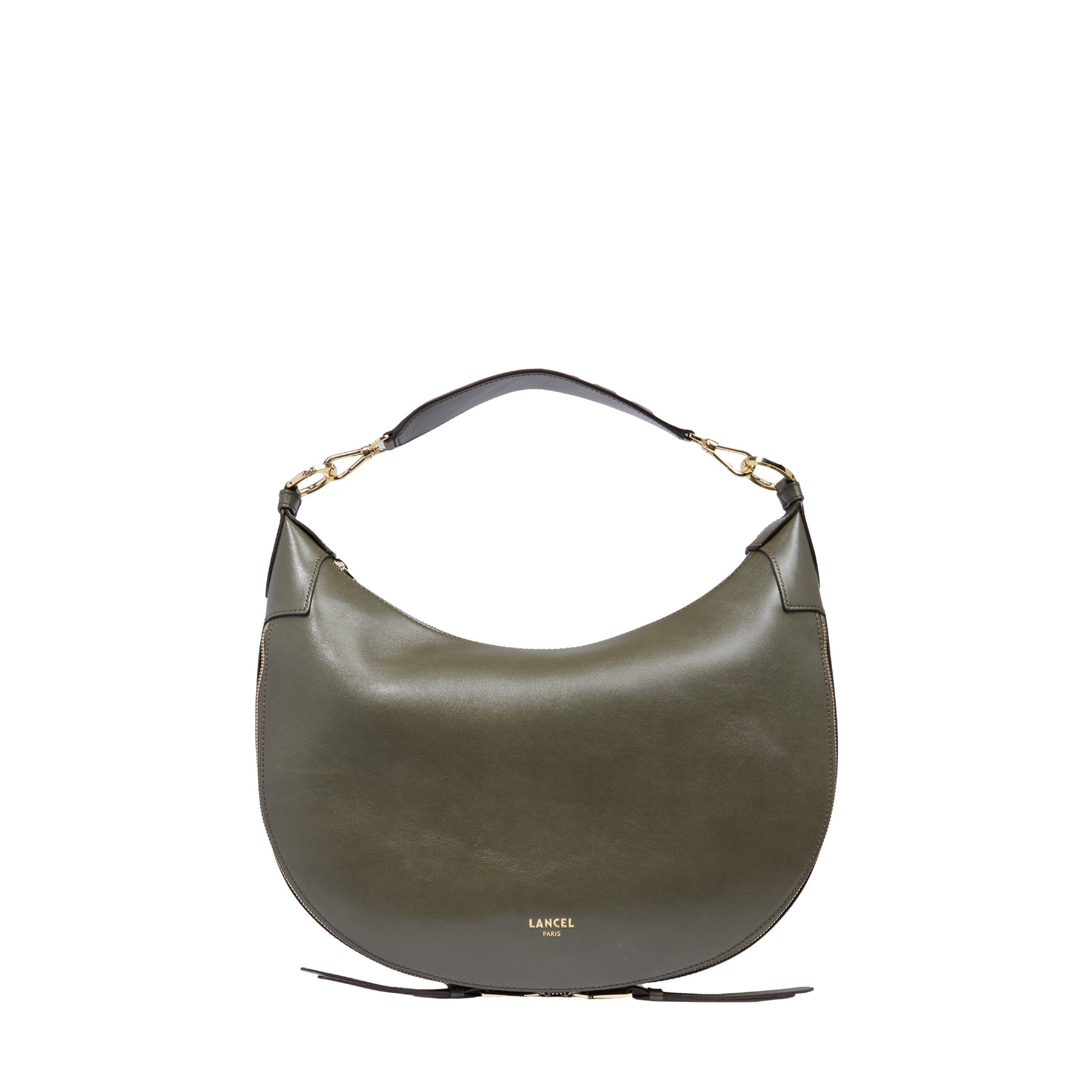 Sac hobo zippé Origami M en cuir lisse - Kaki foncéoncé