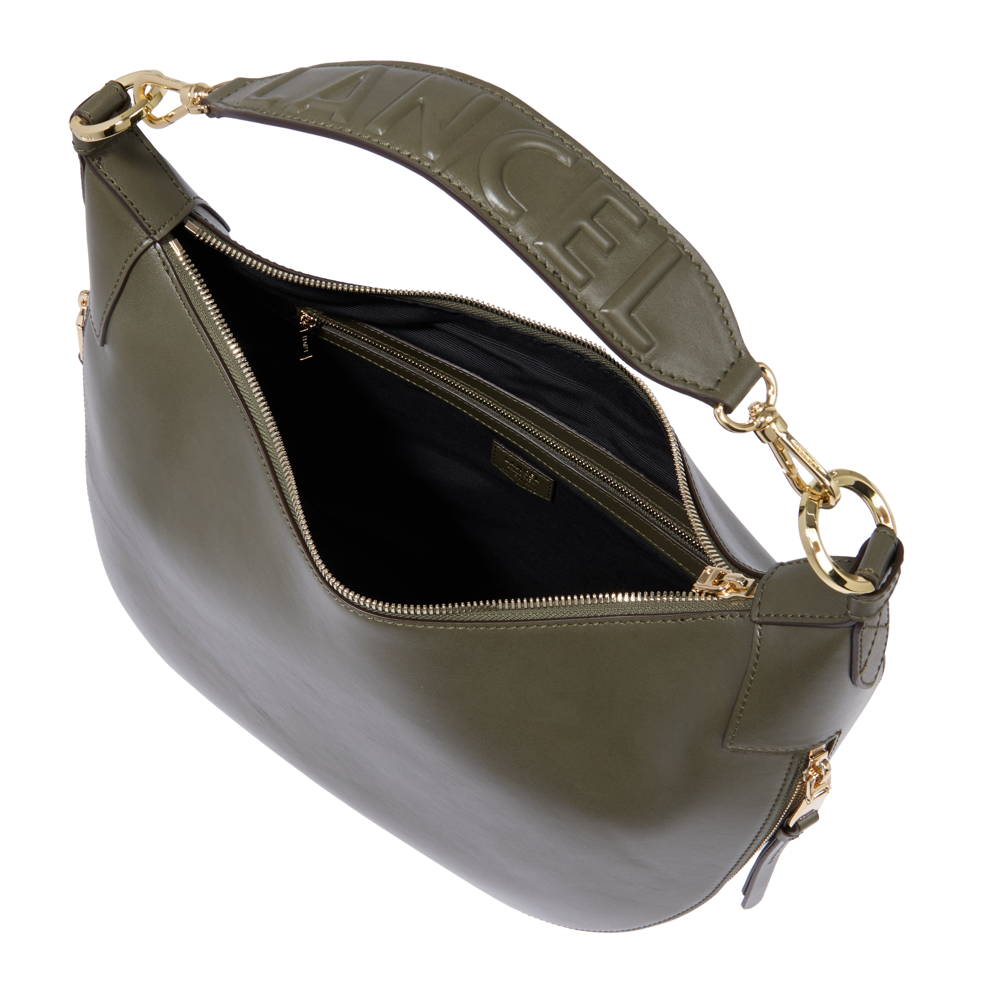 Sac hobo zippé Origami M en cuir lisse - Kaki foncéoncé