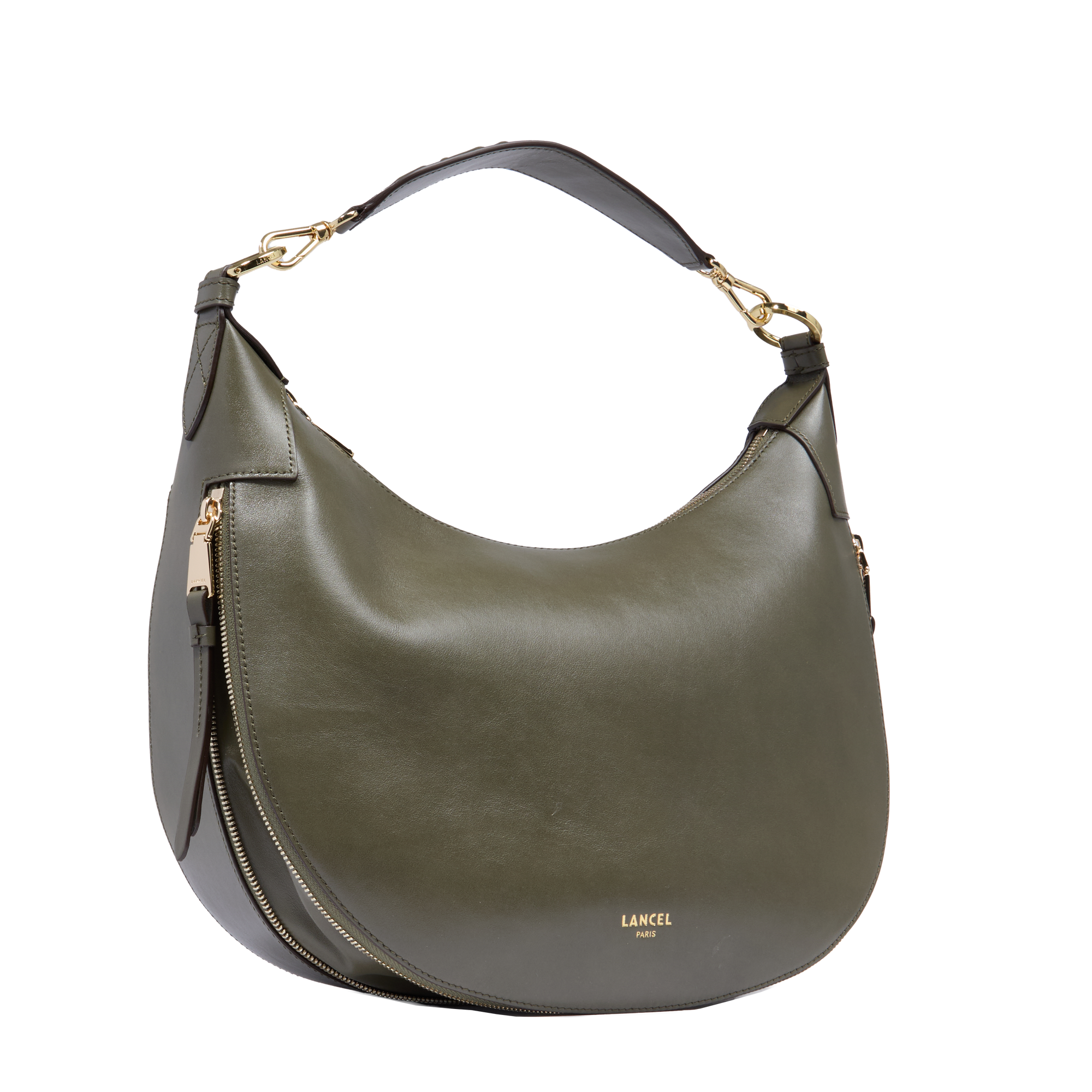 Sac hobo zippé Origami M en cuir lisse - Kaki foncéoncé