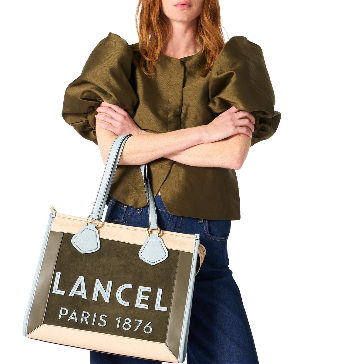 Lancel L Tote zipped leather shopping bag - Multicoloured & Dark Khaki