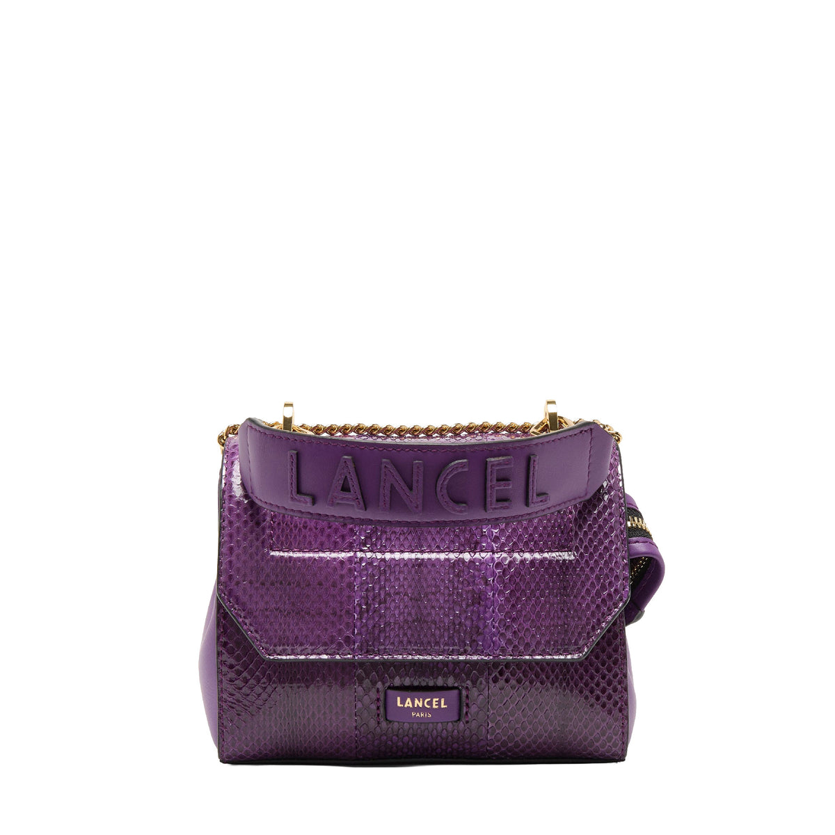 Sac rabat S Ninon en cuir et python - Figue