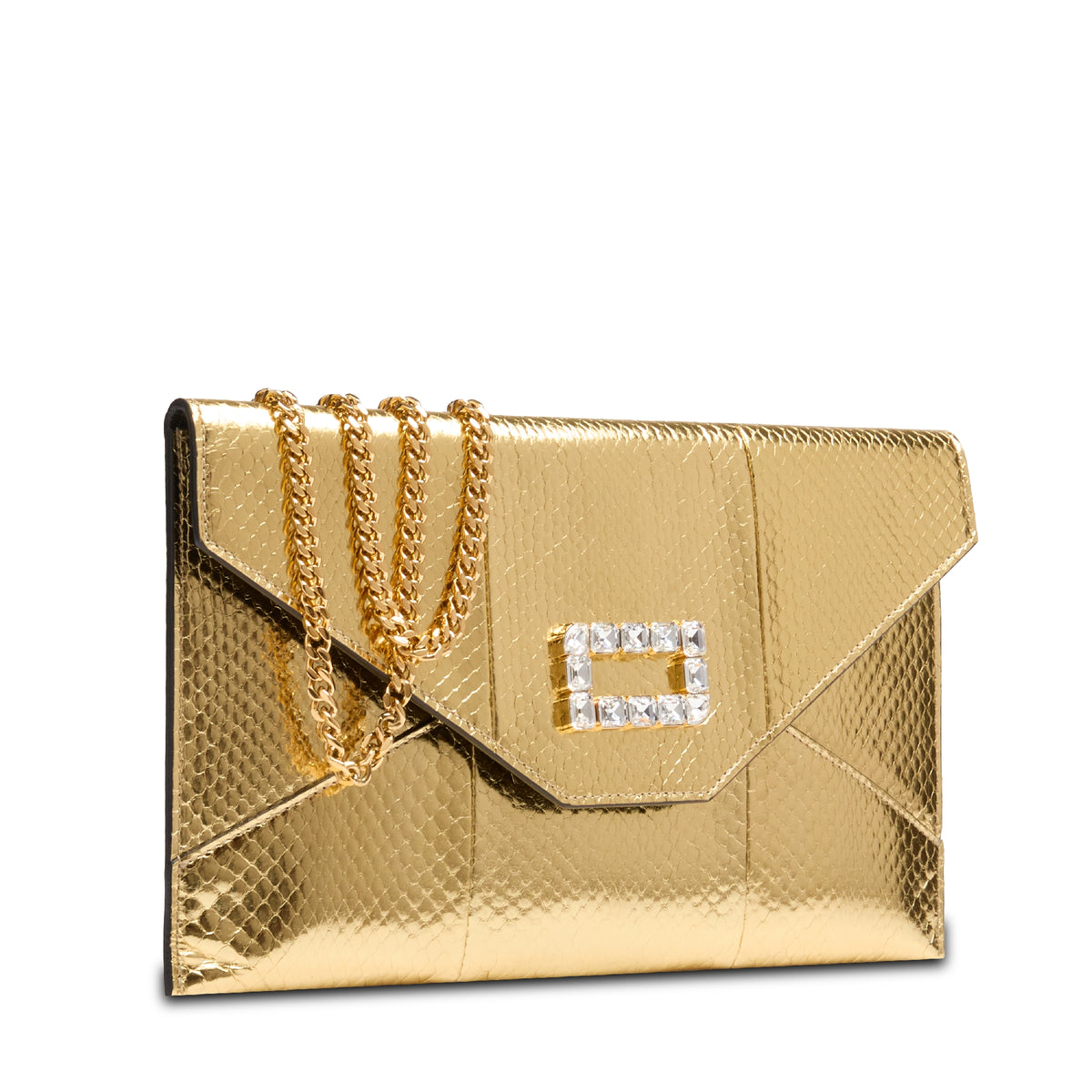 Pochette enveloppe Angèle en cuir et python - Doré