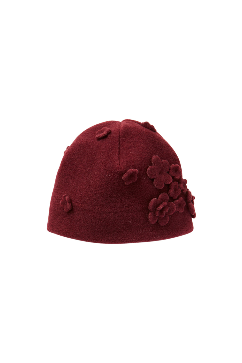 FLEECE BERET HAT WITH FLOWER APPLIQUÉS - BURGUNDY