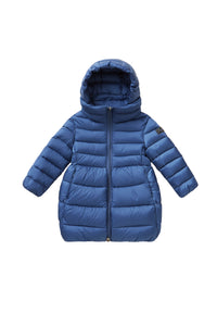 LONG BLUE DENIM QUILTED JACKET WITH EGG-SHAPED BOTTOM