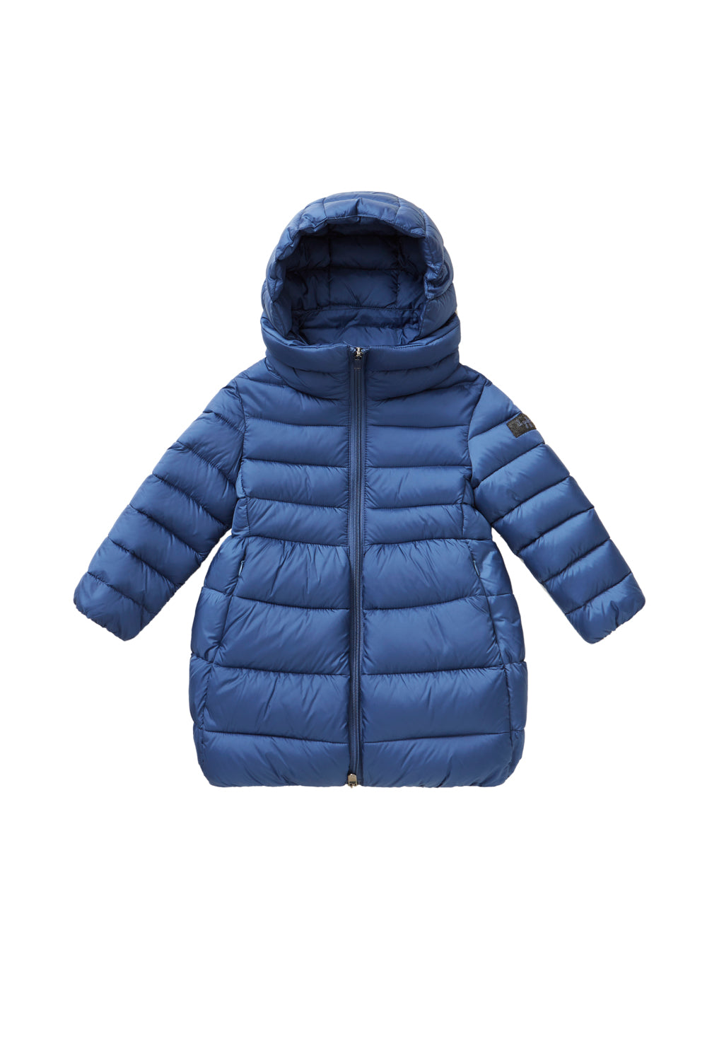 LONG BLUE DENIM QUILTED JACKET WITH EGG-SHAPED BOTTOM