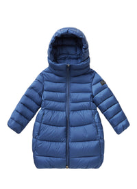 Long Blue Denim Quilted Jacket With Egg-Shaped Bottom