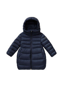 LONG NAVY BLUE QUILTED JACKET WITH EGG-SHAPED BOTTOM