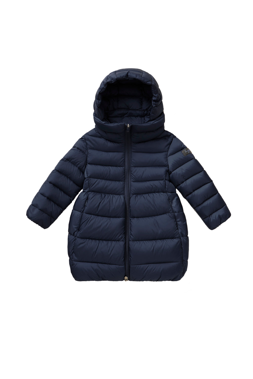 LONG NAVY BLUE QUILTED JACKET WITH EGG-SHAPED BOTTOM