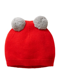 Red tricot hat with grey pom-poms