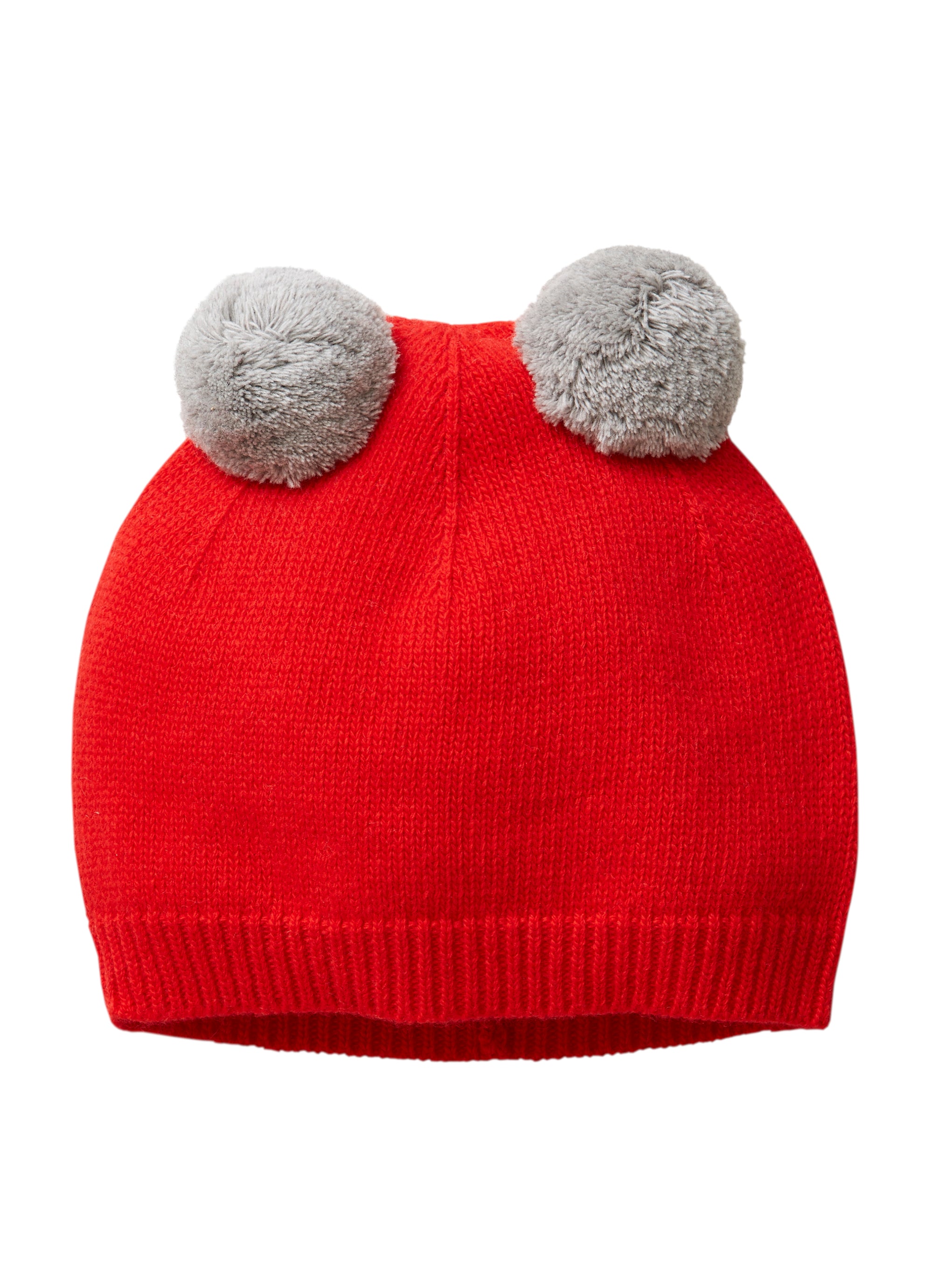 Red tricot hat with grey pom-poms
