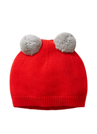 Red Tricot Hat With Grey Pom-Poms