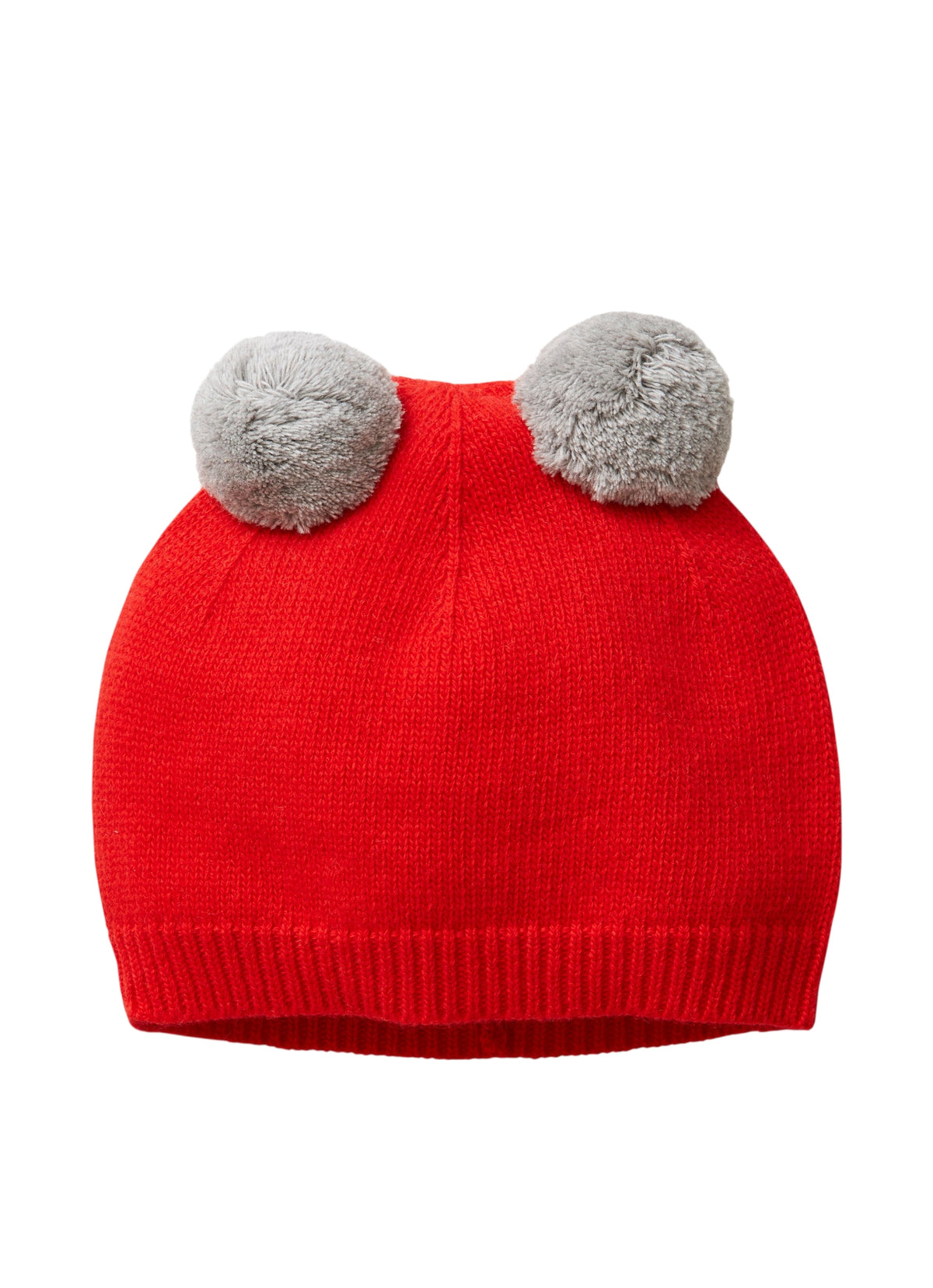 Red Tricot Hat With Grey Pom-Poms