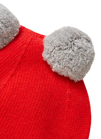Red tricot hat with grey pom-poms