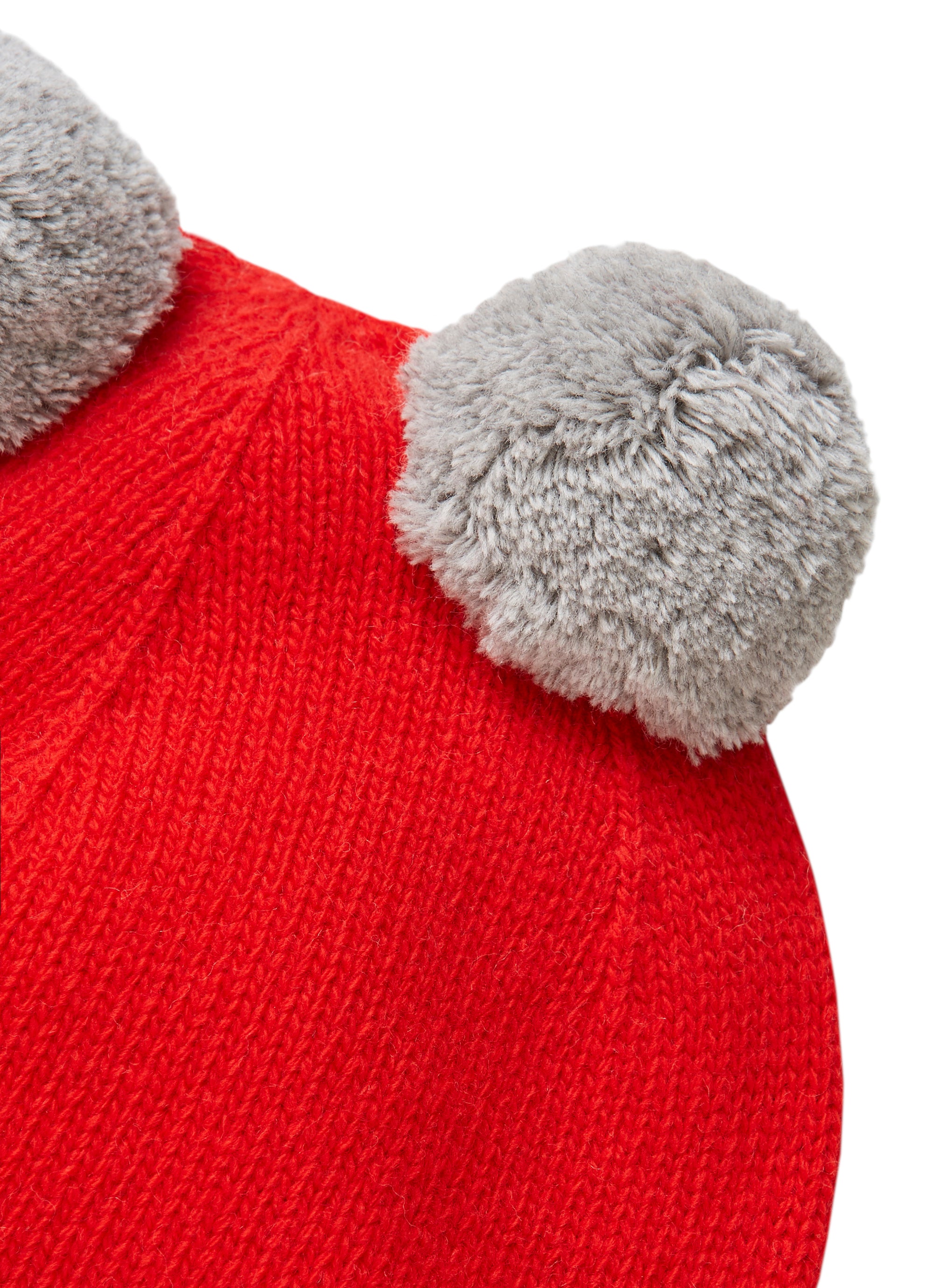 Red tricot hat with grey pom-poms