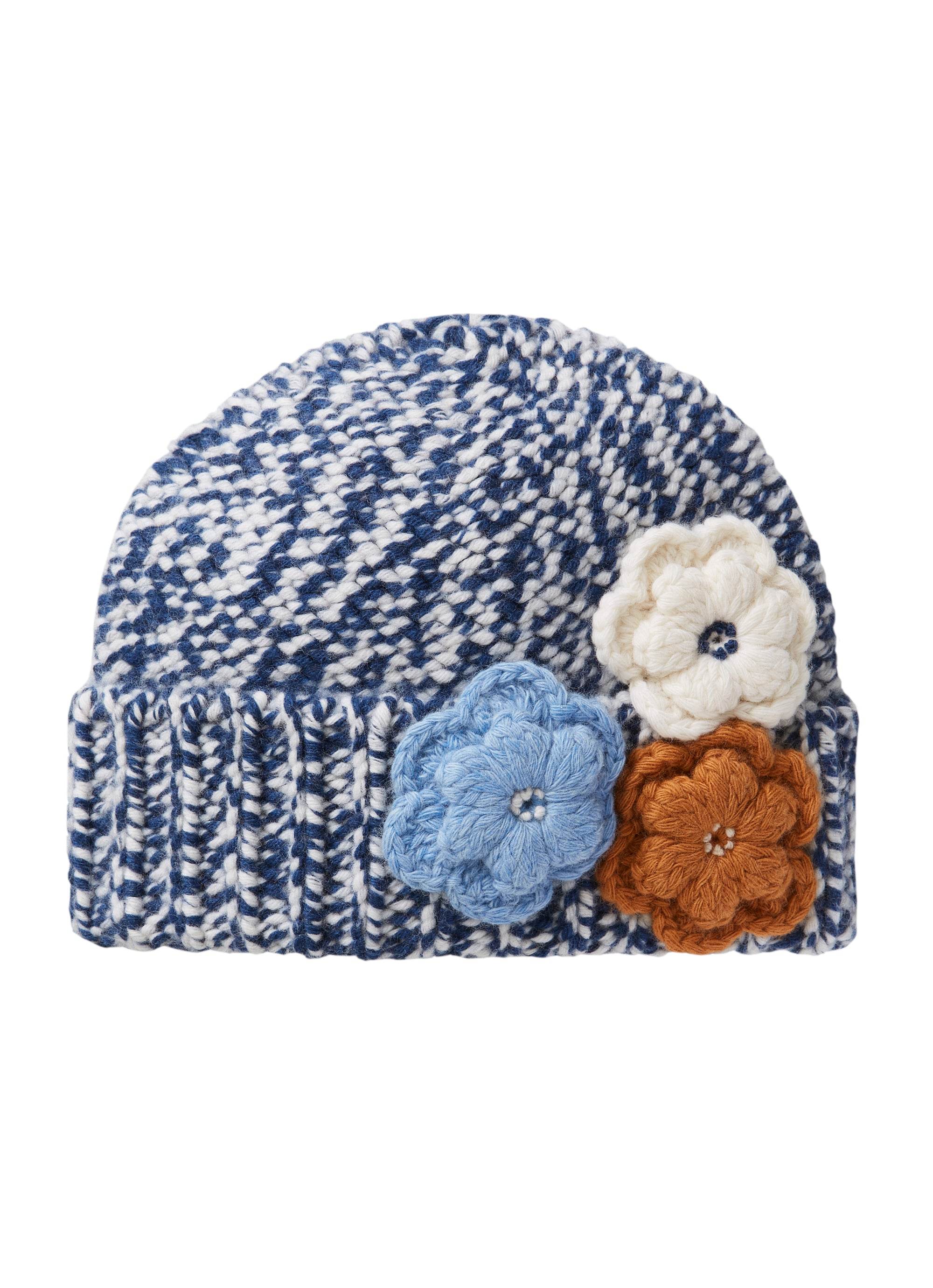 Blue hat with flower appliqués