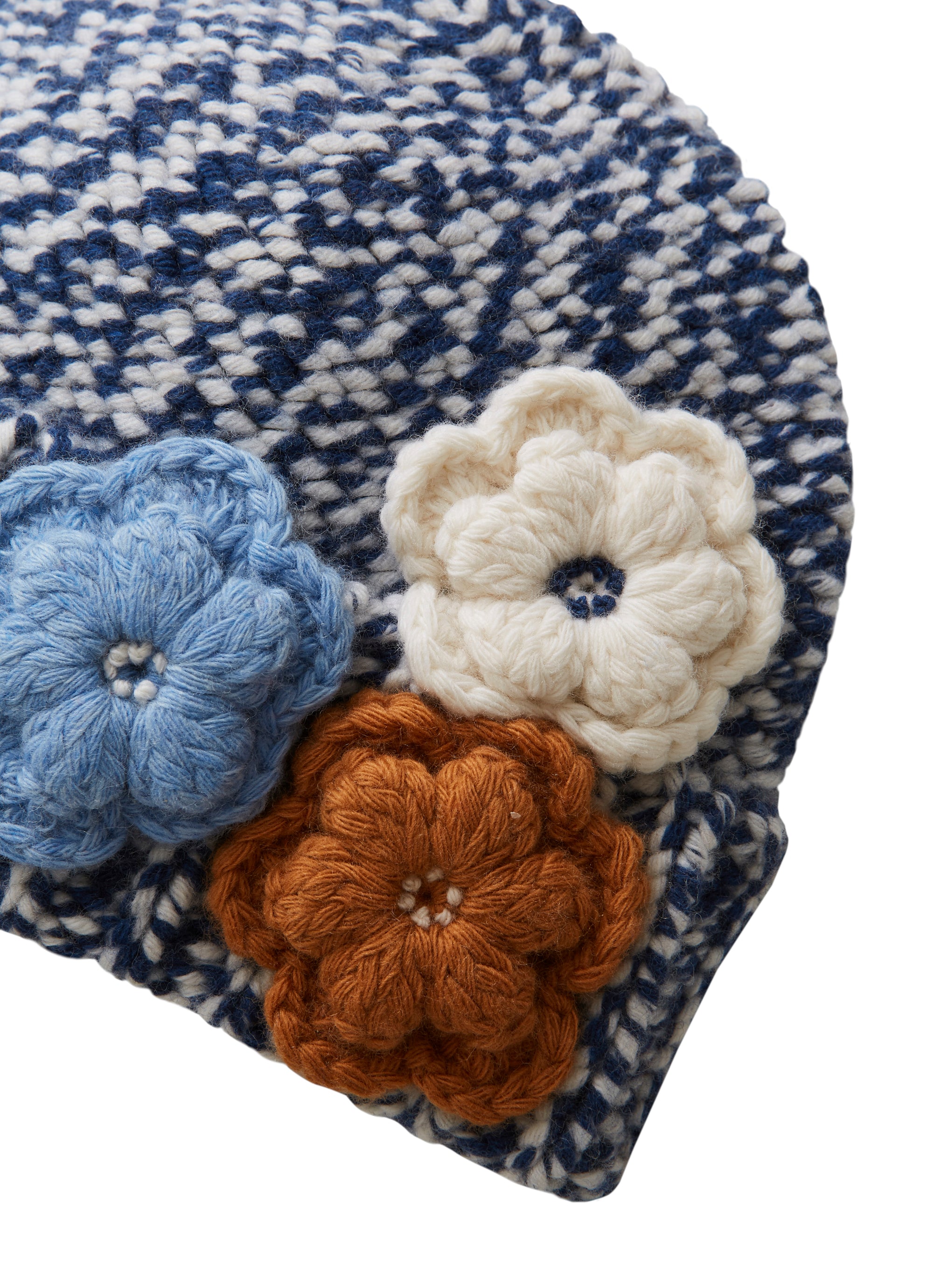 Blue hat with flower appliqués