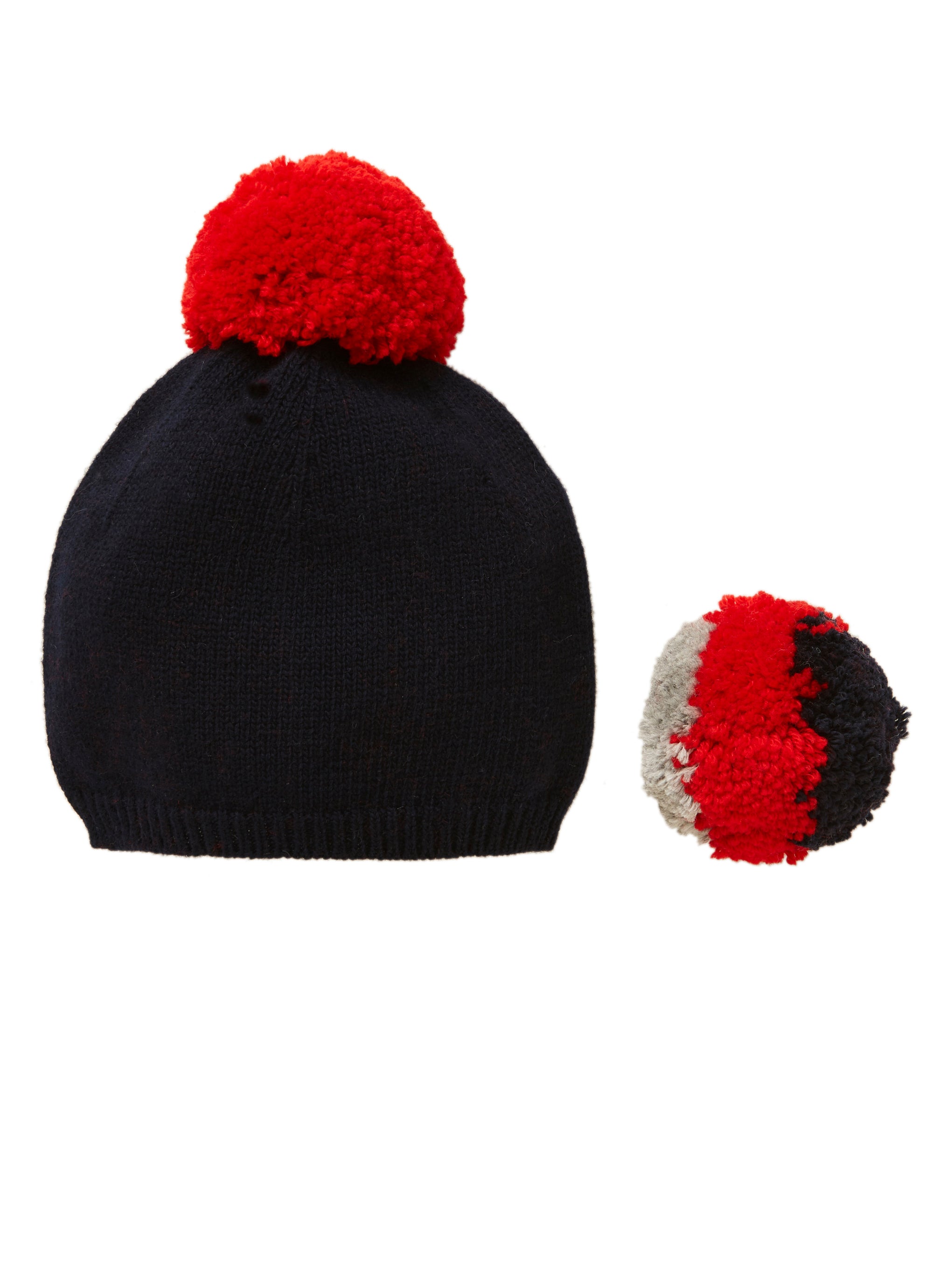 Blue tricot hat with interchangeable pom-poms