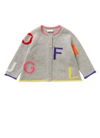 Cardigan with multicoloured lettering