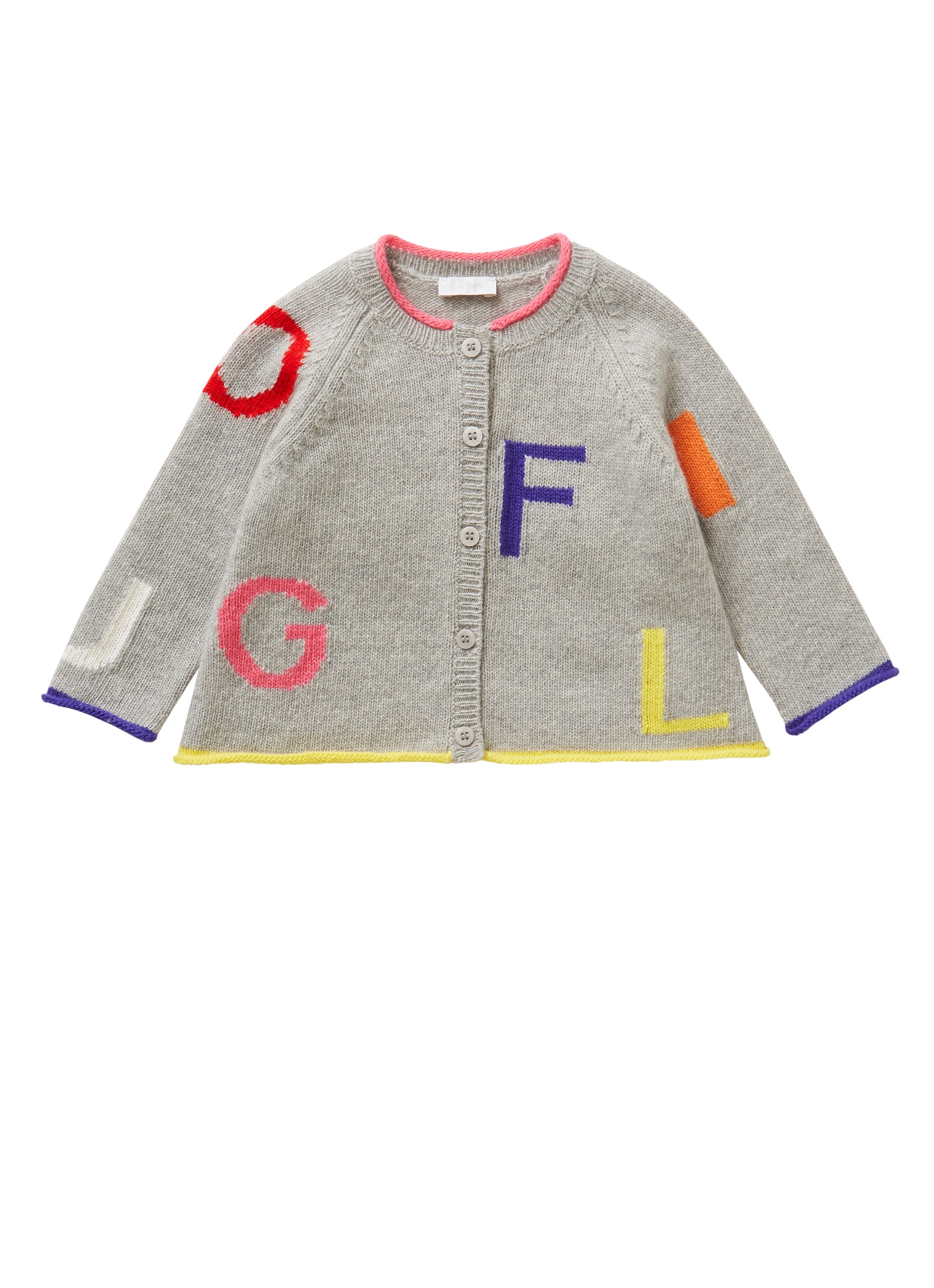 Cardigan with multicoloured lettering