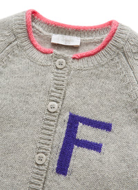 Cardigan with multicoloured lettering