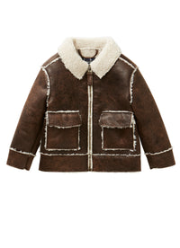 Brown faux-sheepskin jacket with contrast curly trim