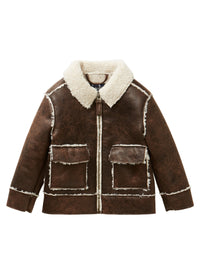 Brown Faux-Sheepskin Jacket With Contrast Curly Trim