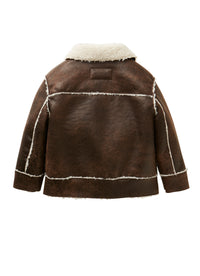 Brown faux-sheepskin jacket with contrast curly trim