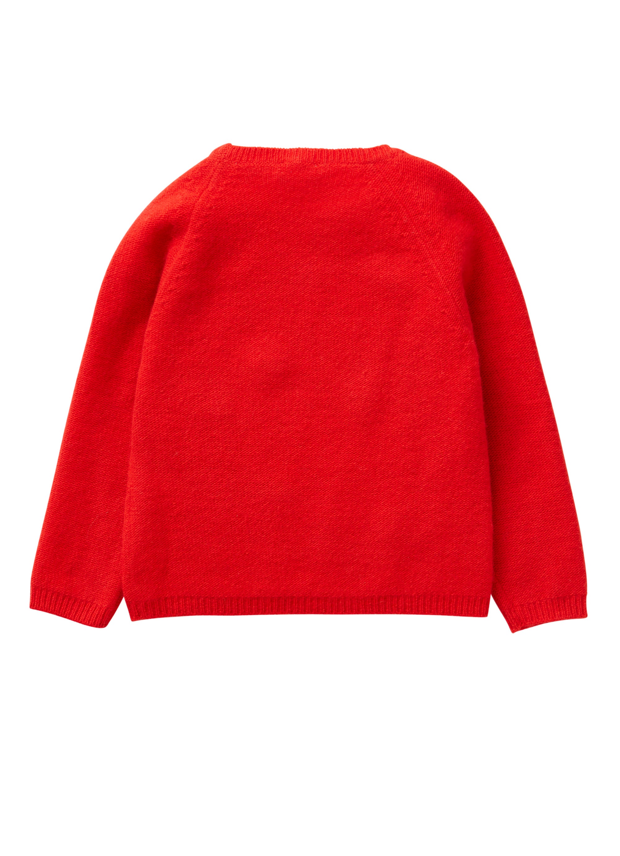 Red tricot jumper with coloured pom-poms