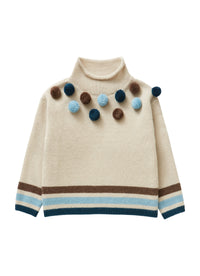 Beige Little Sweater With Pom Poms
