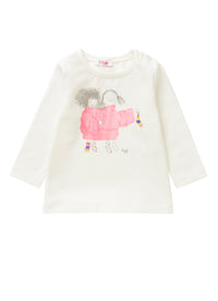 T-shirt with little girls wearing shocking pink sweaters
