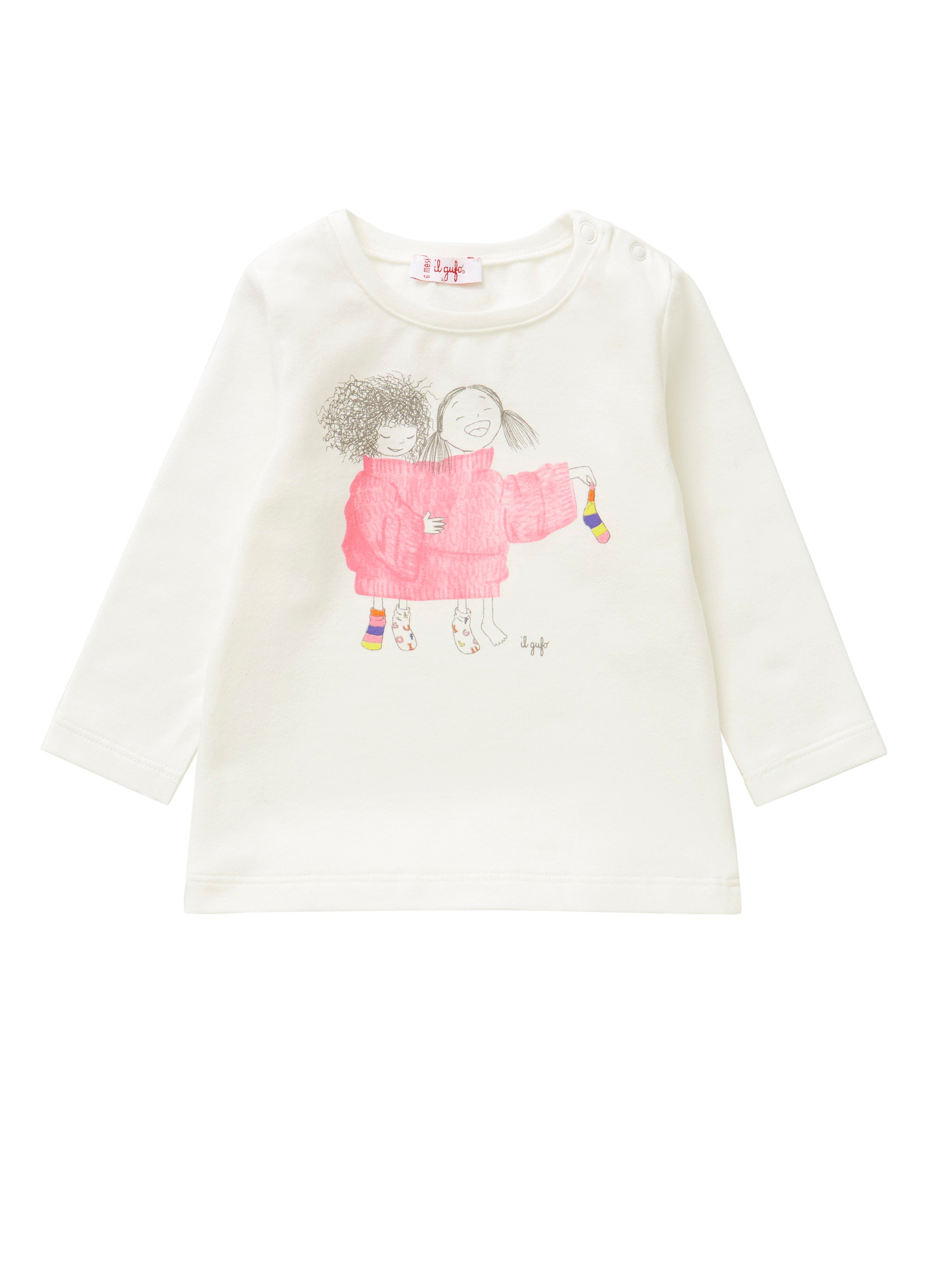 T-shirt with little girls wearing shocking pink sweaters