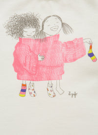 T-shirt with little girls wearing shocking pink sweaters