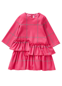 Shocking pink check dress with asymmetric maxi flounce