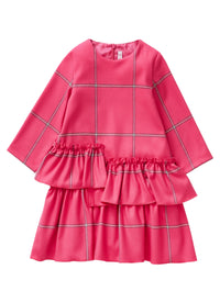 Shocking Pink Check Dress With Asymmetric Maxi Flounce