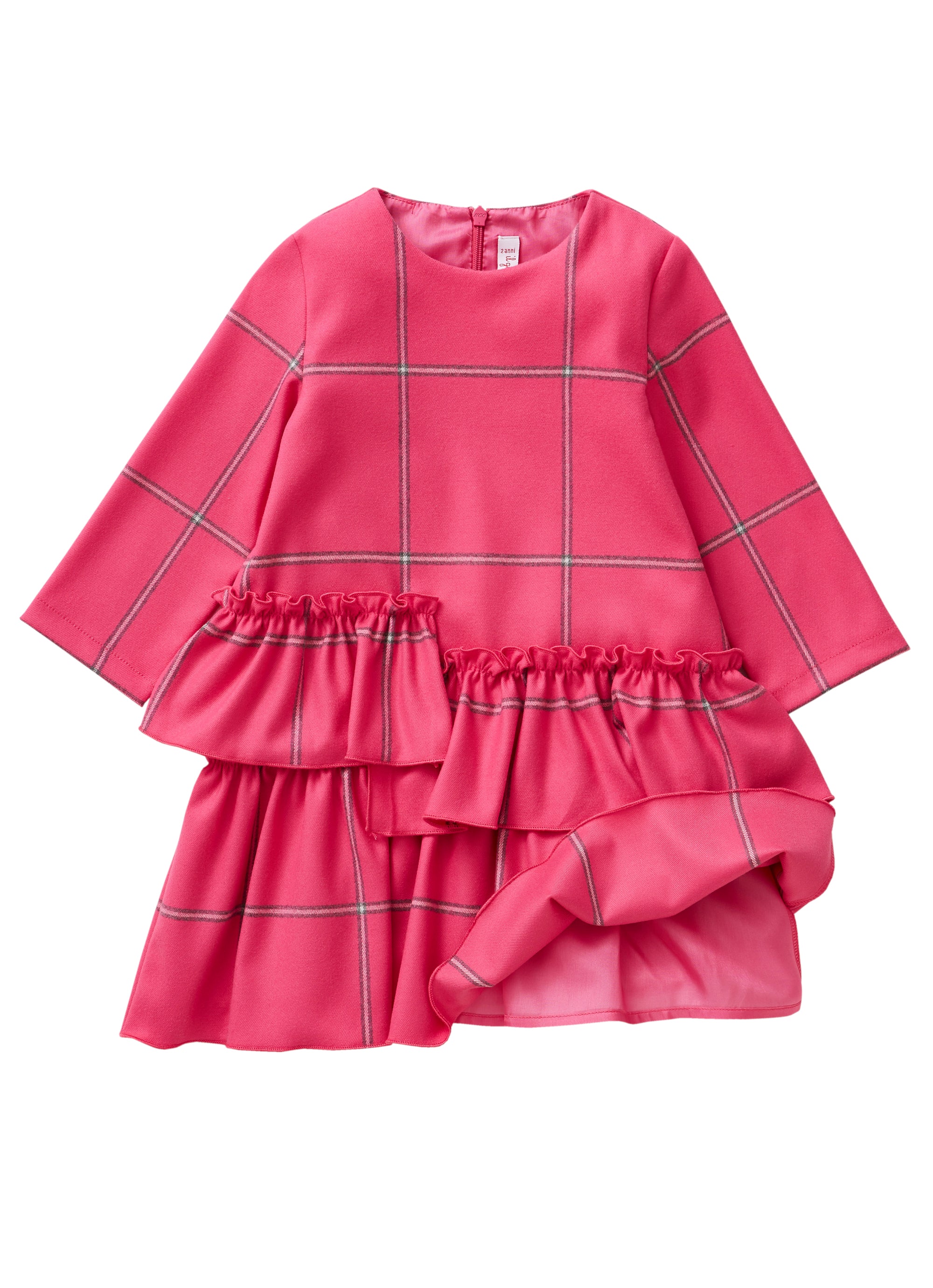 Shocking pink check dress with asymmetric maxi flounce