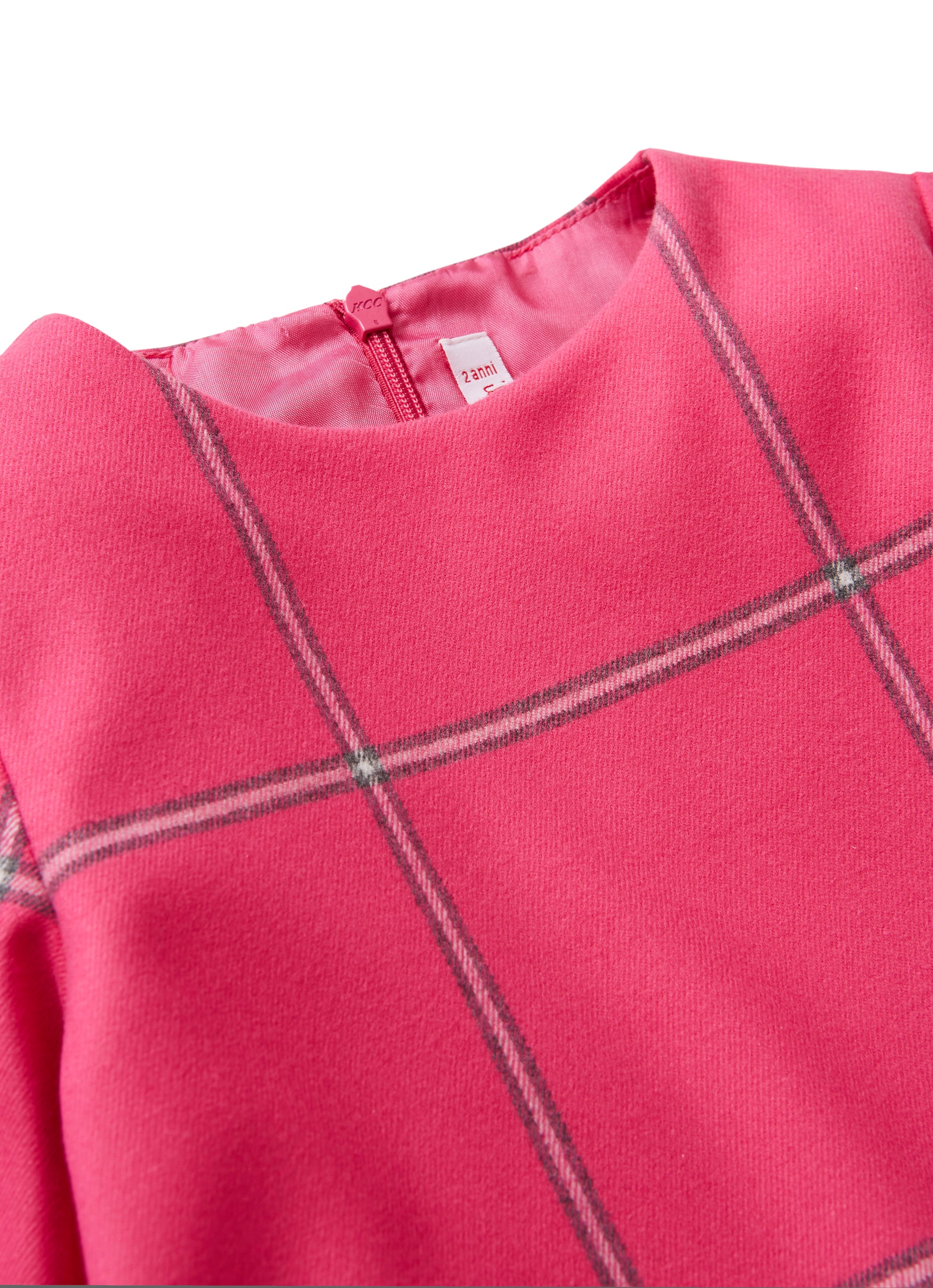 Shocking pink check dress with asymmetric maxi flounce