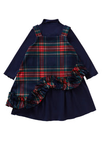 Blue dress with tartan pinafore