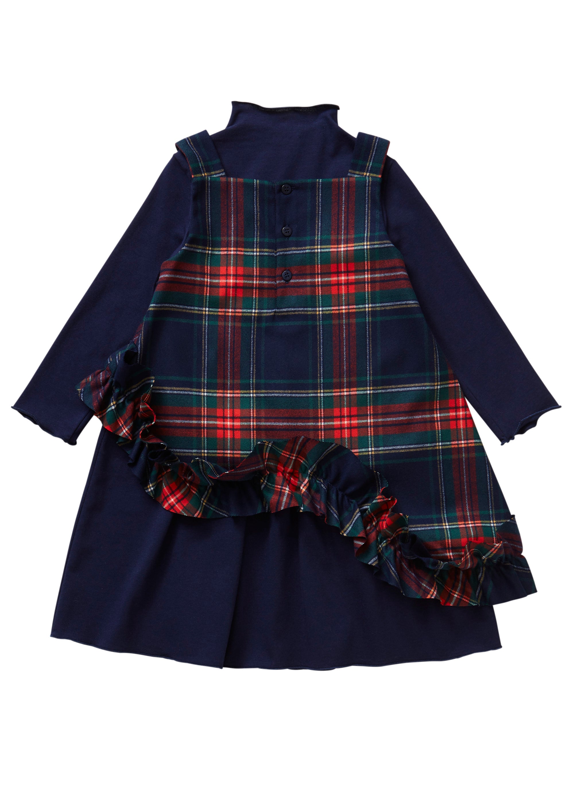 Blue dress with tartan pinafore
