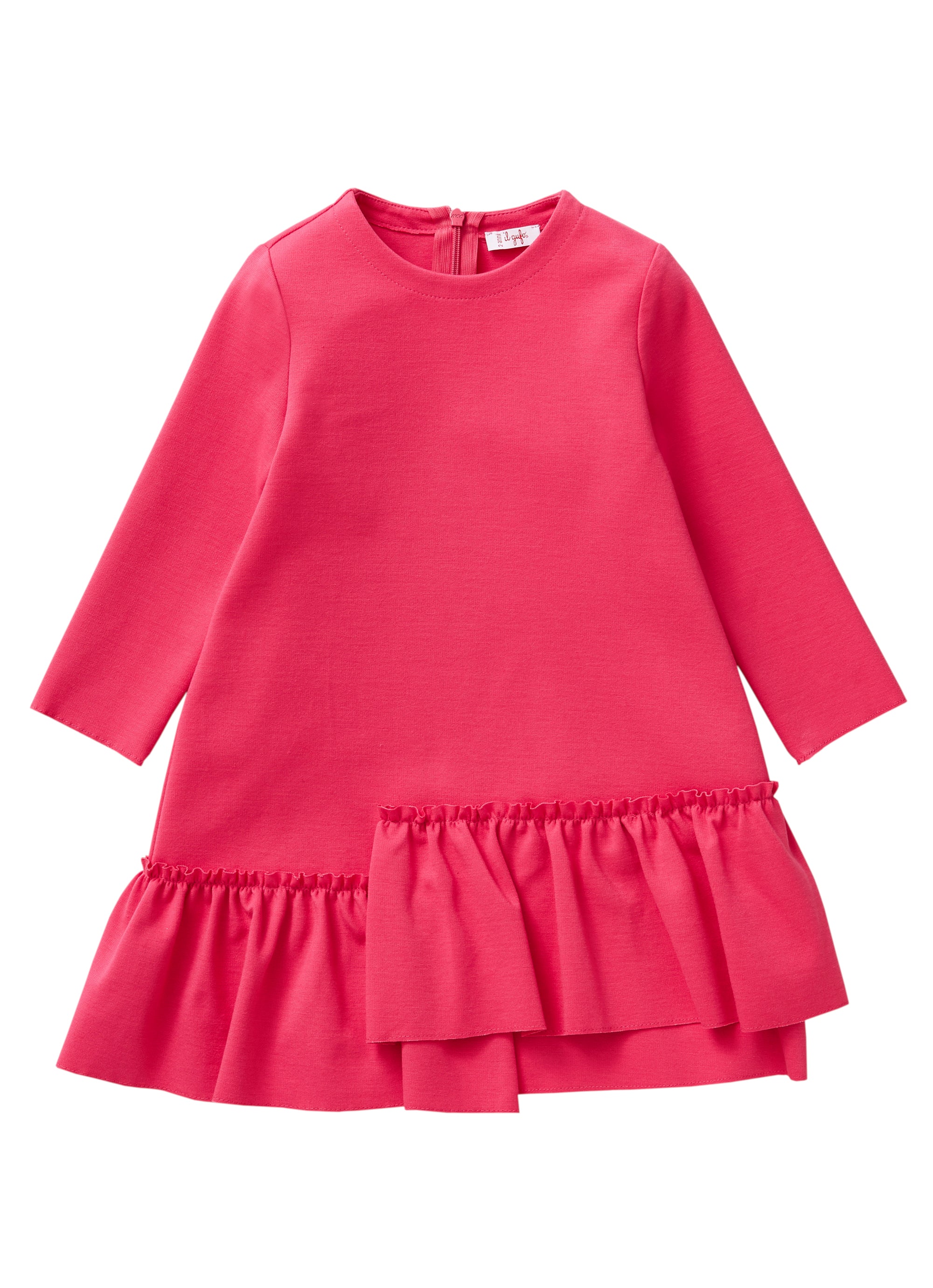 Crew-neck dress with asymmetric ruffles