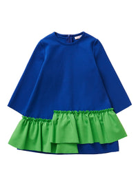 Blue dress with green ruffles