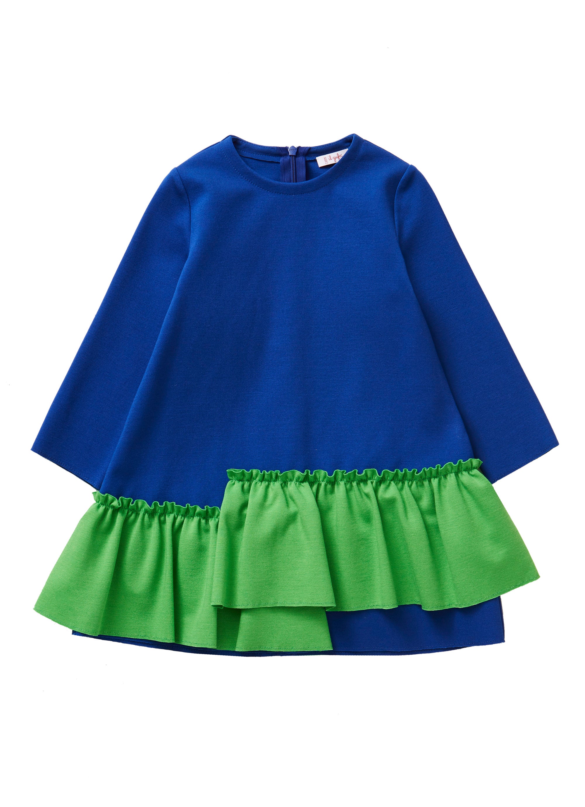 Blue dress with green ruffles