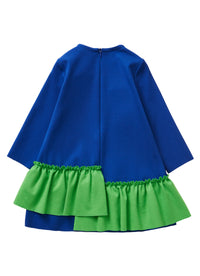Blue dress with green ruffles