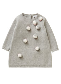 Tricot wool dress with multicoloured POM POMS