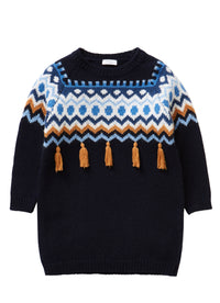Tricot dress with geometric shapes and tassels