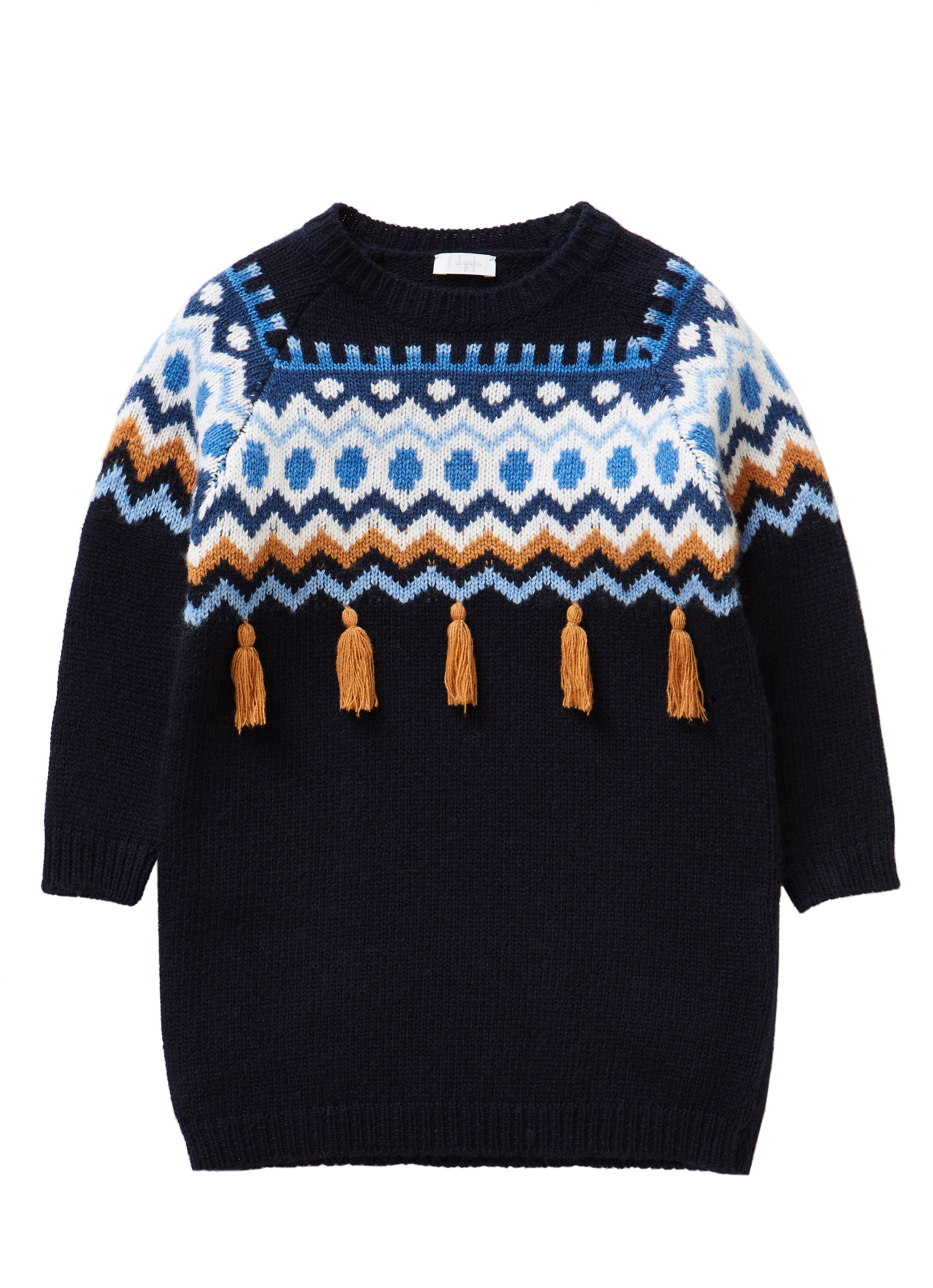 Tricot dress with geometric shapes and tassels
