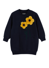 Fleece dress with flowers - Blue Navy & Curry