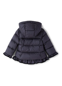 Blue down jacket with hood and ruffles