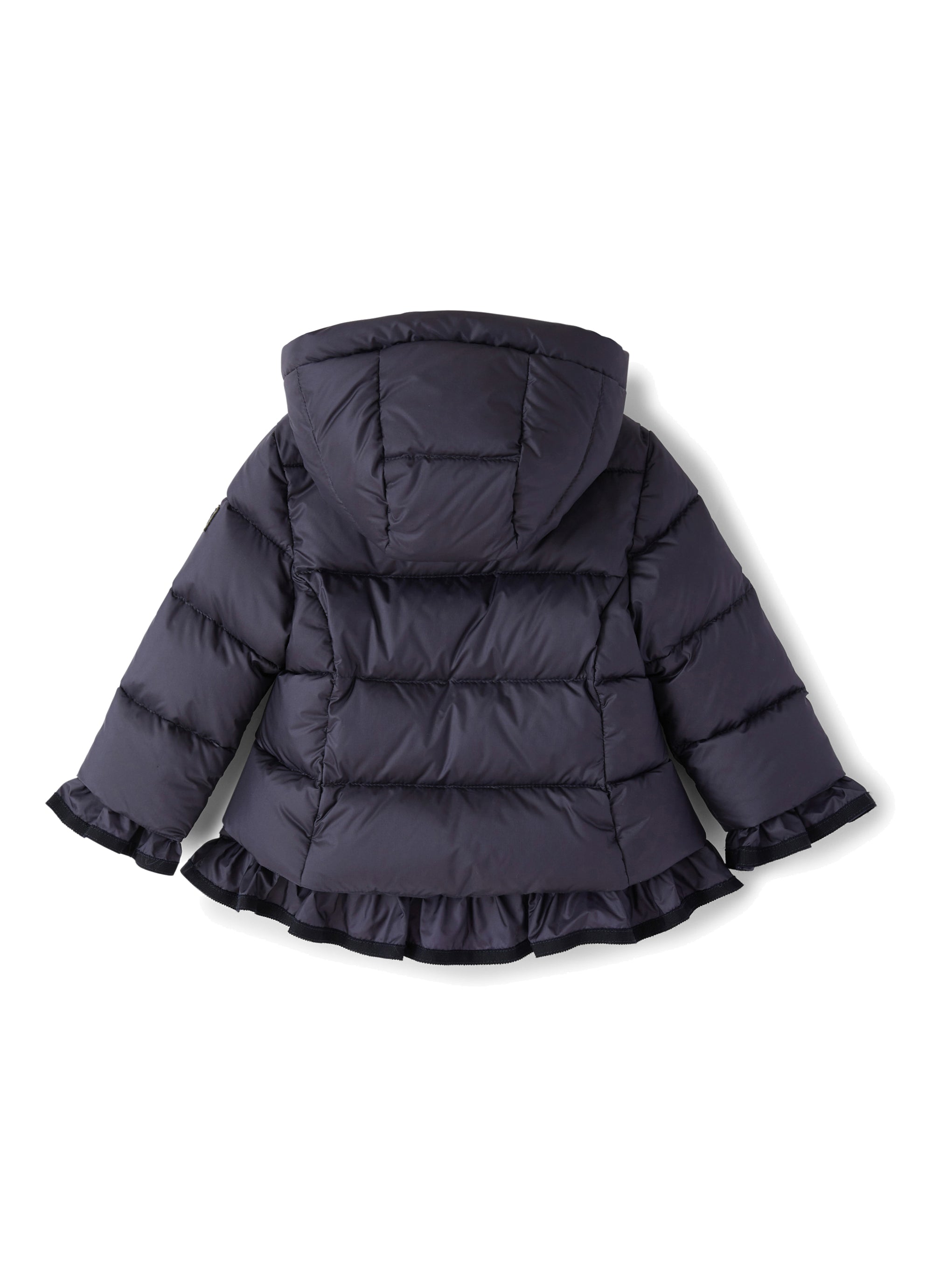 Blue down jacket with hood and ruffles