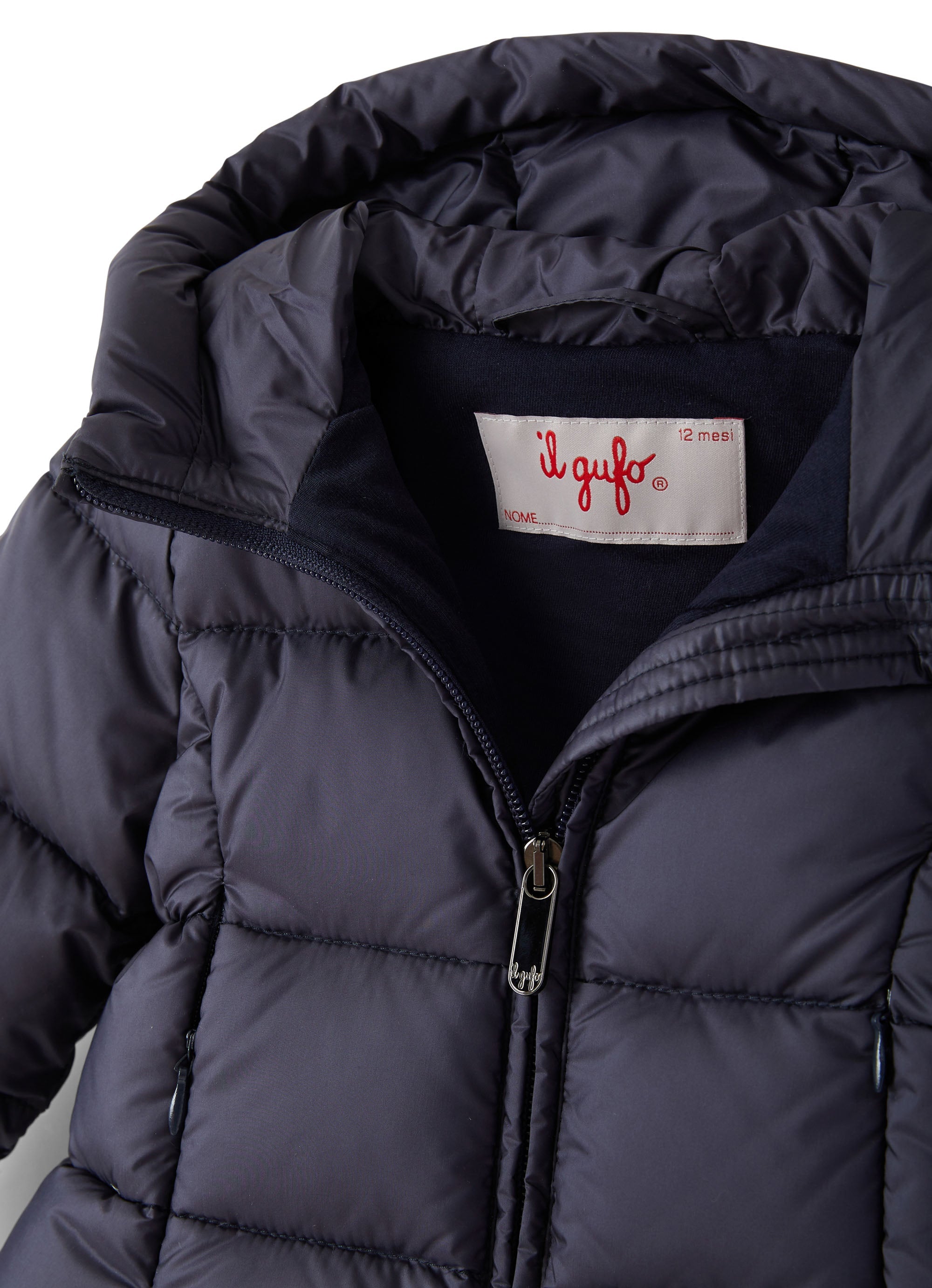 Blue down jacket with hood and ruffles